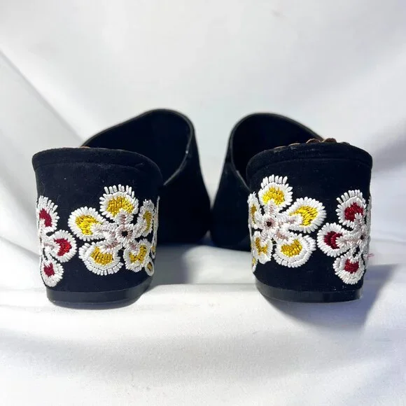 Restricted Women's Slip On Block 2 1/2" Heels-Black Floral Embroidered-Open Toe - Picture 9 of 16